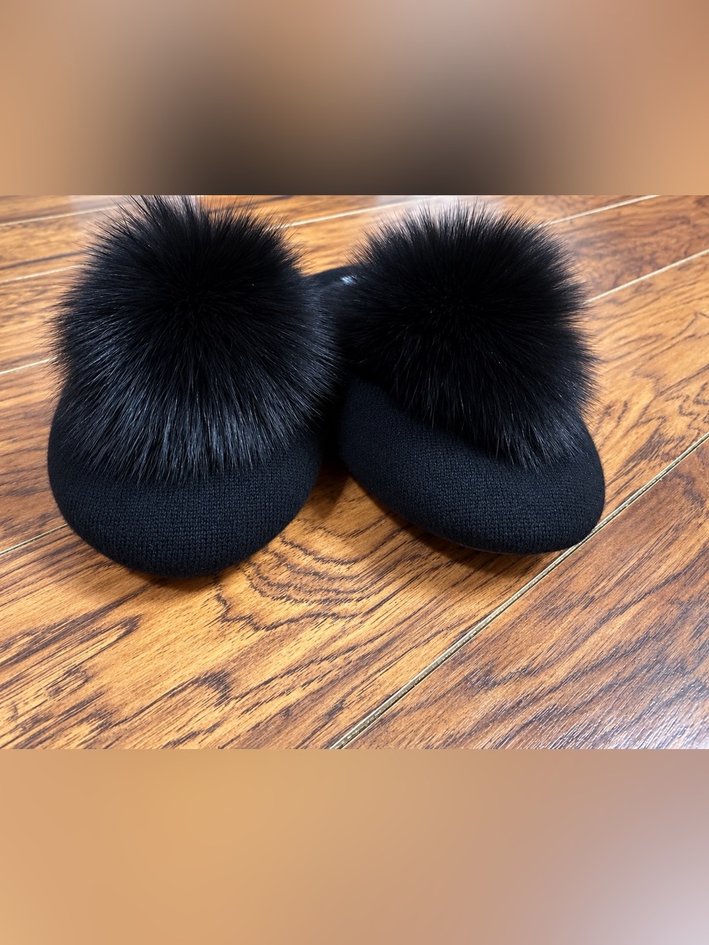 Neiman Marcus Black Pom-Pom Knit Women's Slippers